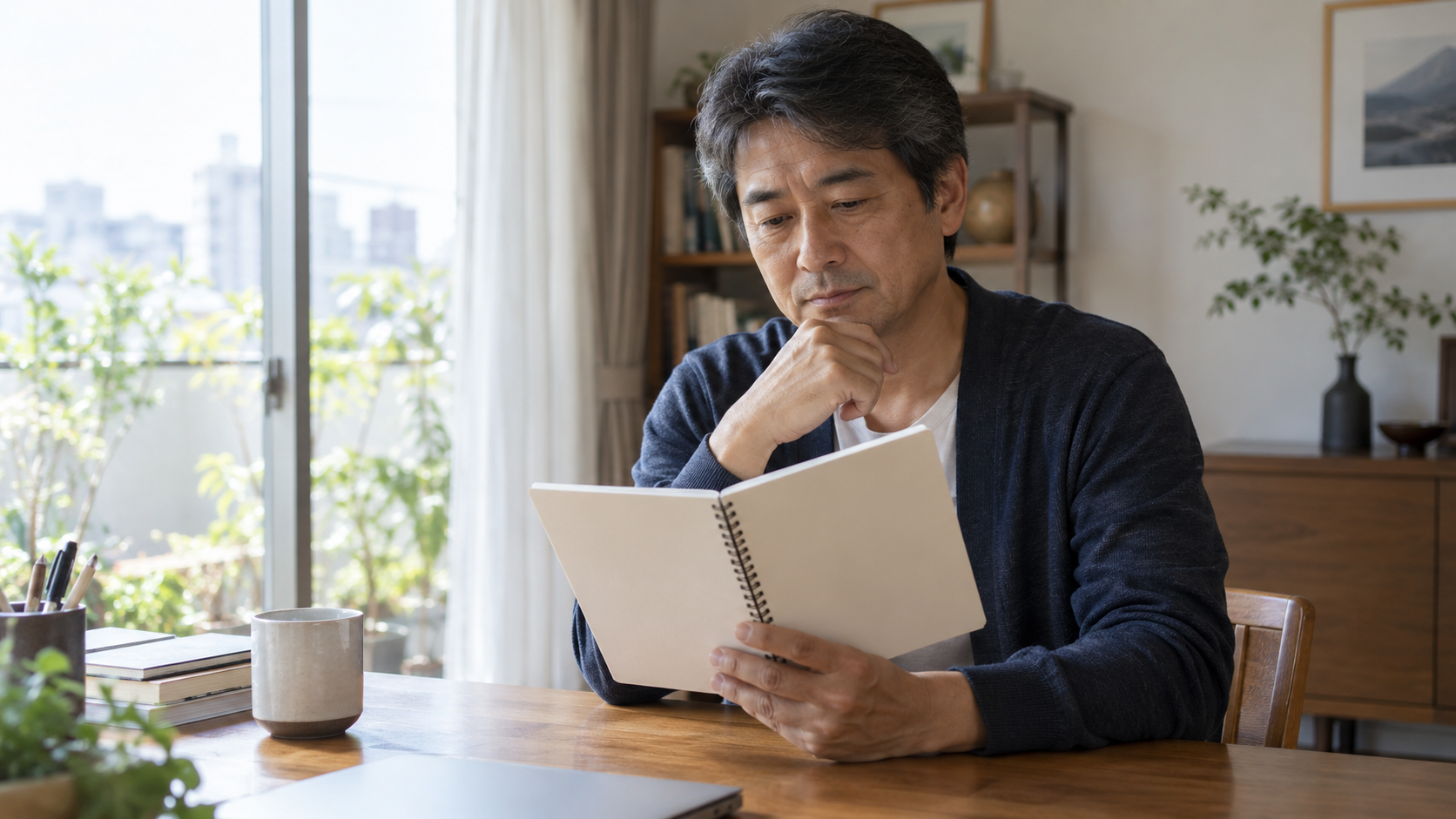 自宅でノートを見ながら今後の仕事を考える50代男性のイメージ