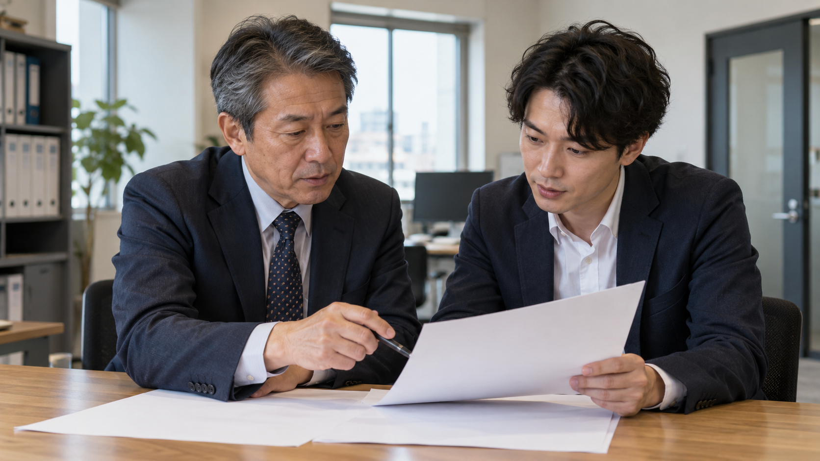 業務の経験を同僚と整理する50代男性のイメージ