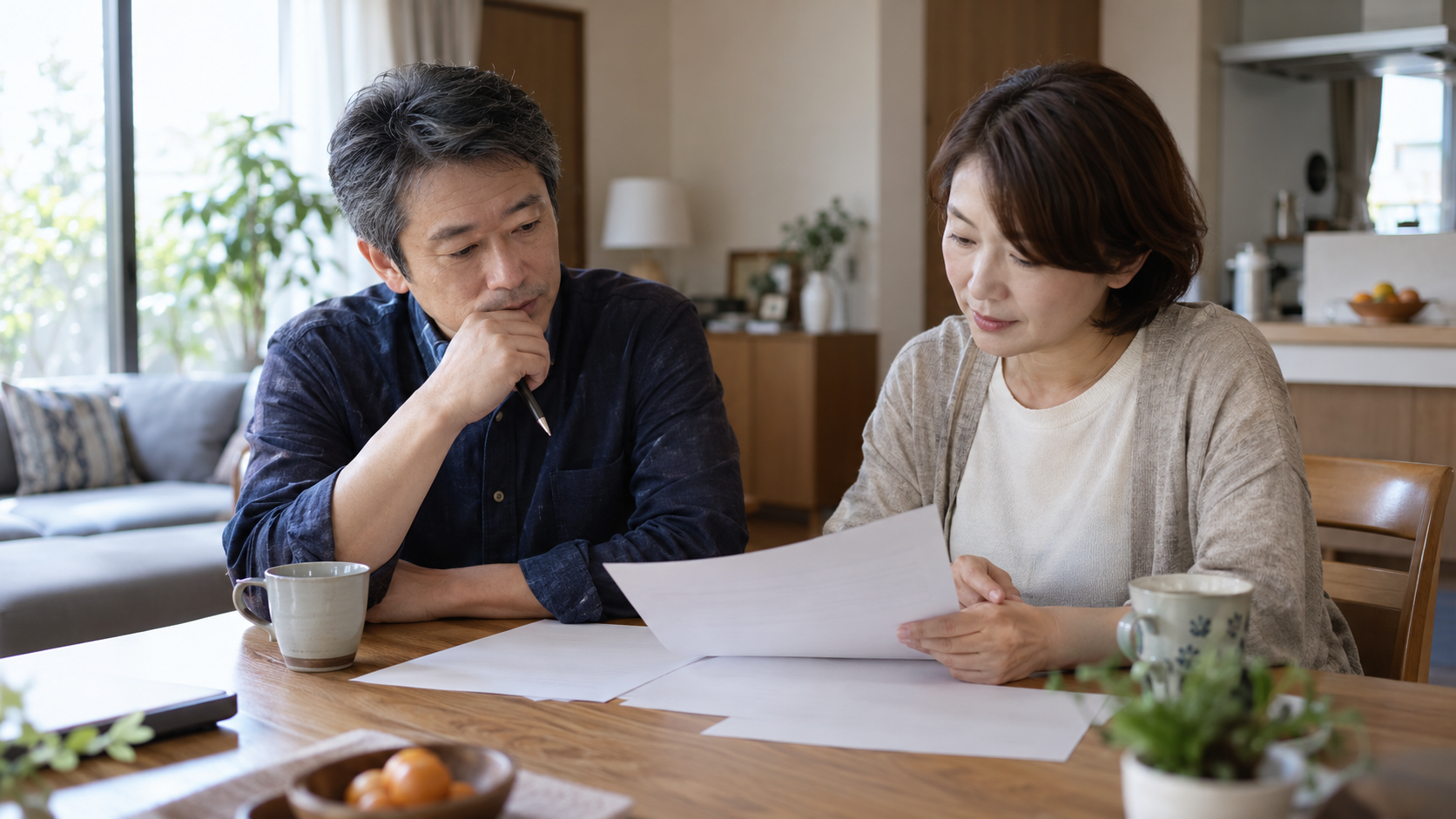 生活と仕事の条件についてパートナーと相談する50代男性のイメージ