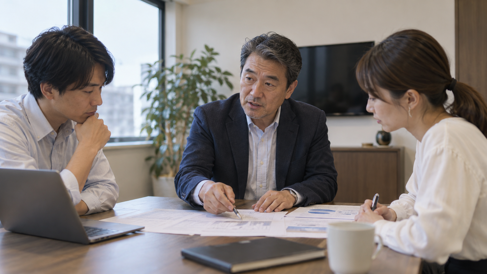 新しい職場の担当業務を同僚と確認する50代男性のイメージ