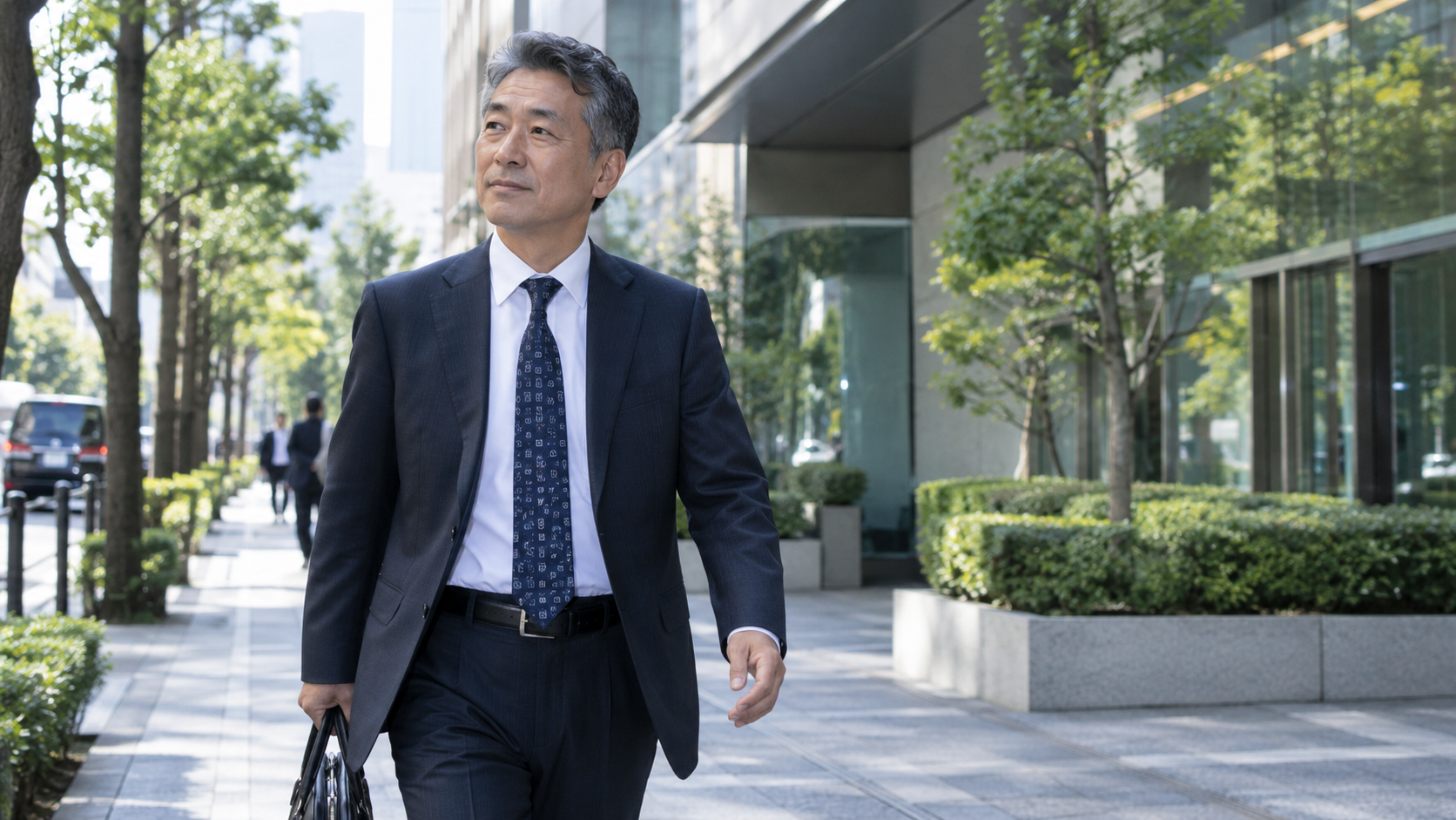仕事に向けて街を歩く50代男性のイメージ