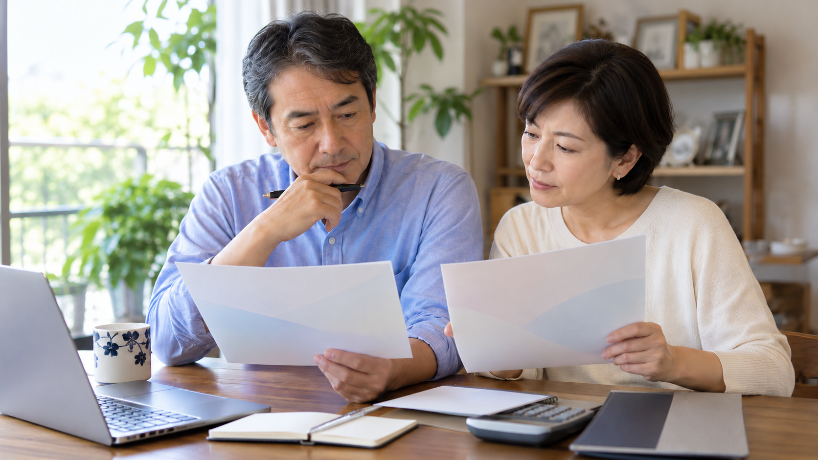 生活と勤務条件を資料で確認する50代の男女