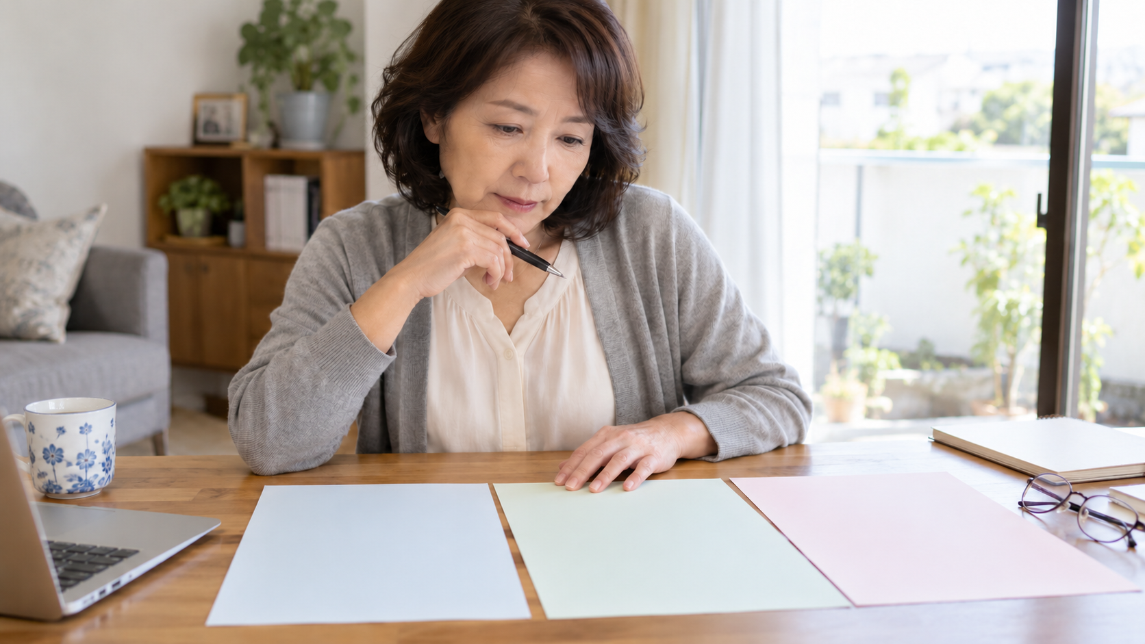 資料を並べて転職条件を比較する50代の女性