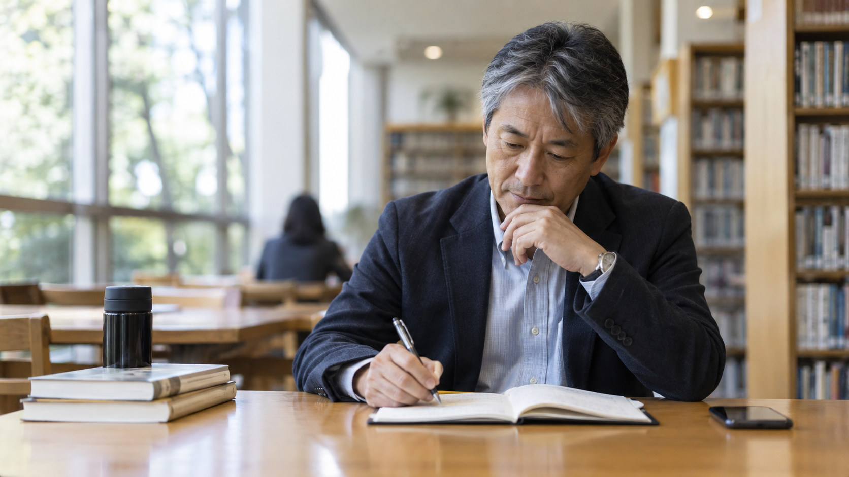 ノートで次の行動を整理する50代の男性